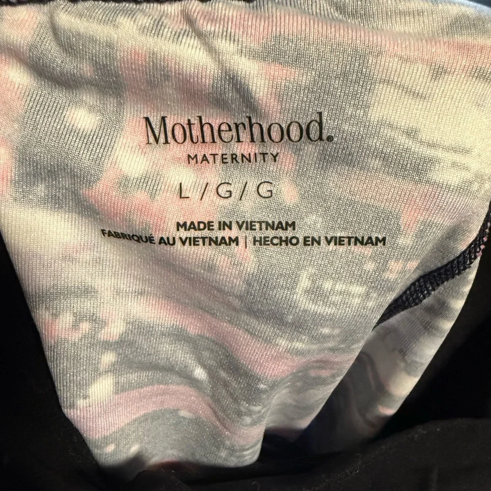 Motherhood Maternity Pants Sz L Black Purple Retro Print Stretch PullOn Leggings